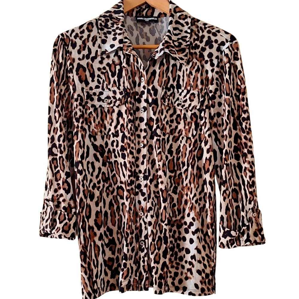 Karl Lagerfeld Paris Leopard Print Button Down Shirt, Women's Tan Black Size S